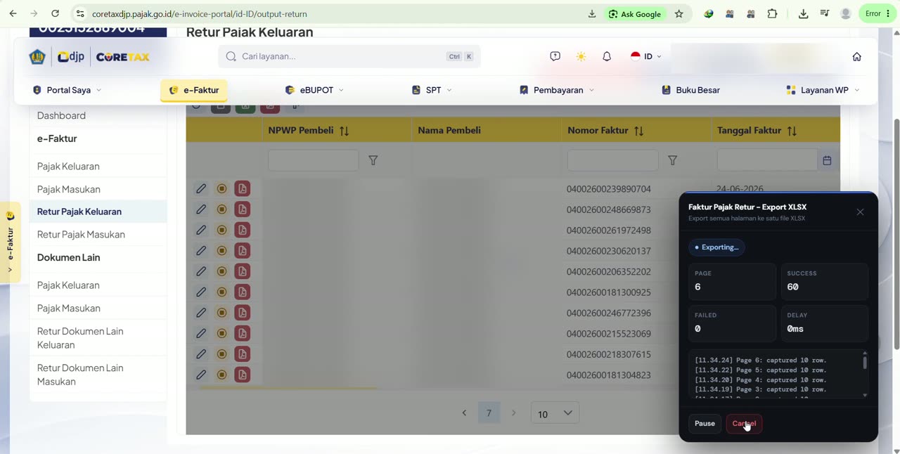 Pratinjau ekspor XLSX tanpa download PDF